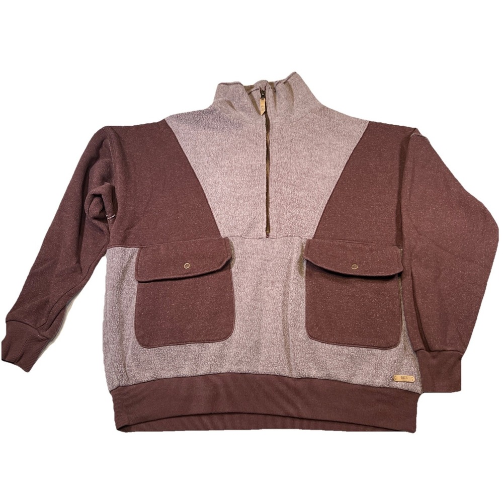 Brown Fleece Color Block Half Zip Pullover Cozy Sweatshirt W/ Pockets Size M Ski